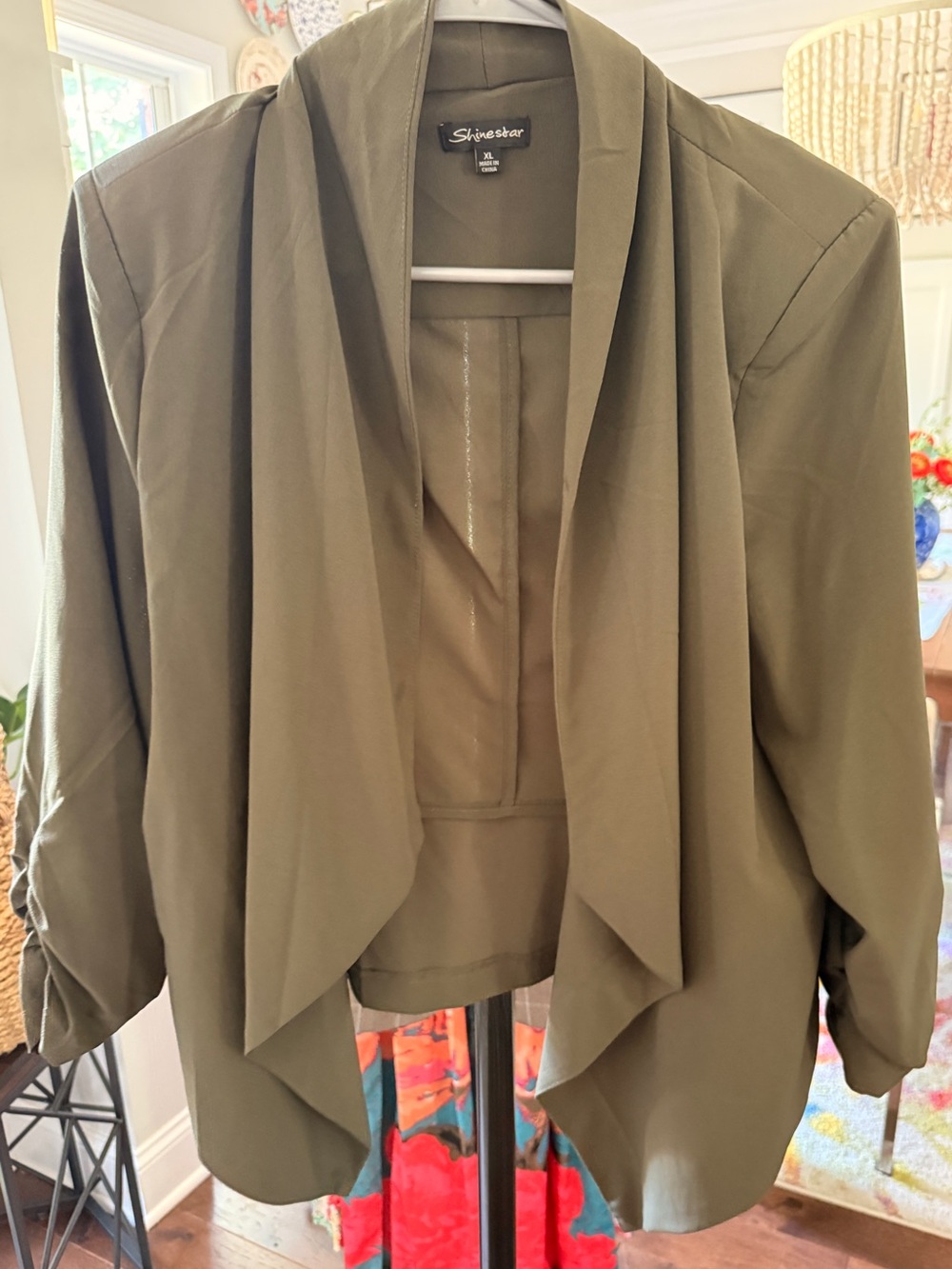 Shinestar Olive Draped Open-Front Blazer